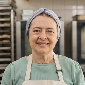 Foto da confeiteira autora do guia em sua cozinha